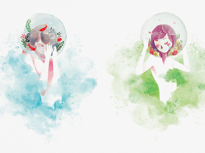 Headstuck anxiety bubble digital painting dreamy fish girl head illustration isolated overthinking photoshop quarantine social distancing watercolor