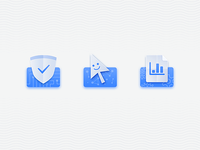 Three ICONS blue data icon mouse shields statistical