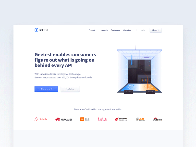 The landing page for Geetest animation banner blue design geetest gif landing page security ui web