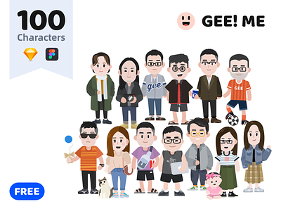 GEE! ME - 100 Characters Free Download cartoon character colorful design flat free illustration kit pack sticker vector webdesign