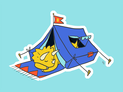 Sleeping dino blue camping cartoon dino dinosaur illustration red tent yellow