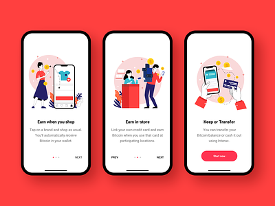 Onboarding screens for bitcoin cashback product bitcoin button cashback clean ecommerce illustrations interaction design interface ios onboarding onboarding screens product design red shop online shopping startup tutorial ui ui ux ux