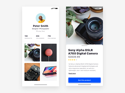 Gallery app, for sell/buy products - Daily UI Challenge app apple clean daily challange design gallery interaction design interface ios iphonex minimal perfil photo ui ui design user experience user interface ux ux design visual
