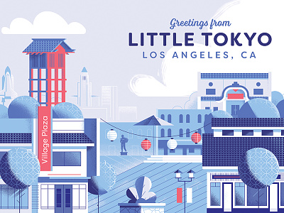 Little Tokyo, Los Angeles down the street designs illustration indigo japanese la little tokyo los angeles plaza postcard