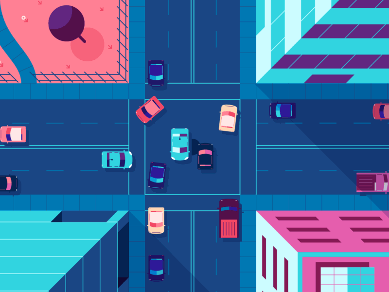 Autonomous Intersection animation autonomous car cars character down the street future intersection loop motion graphics self driving tech
