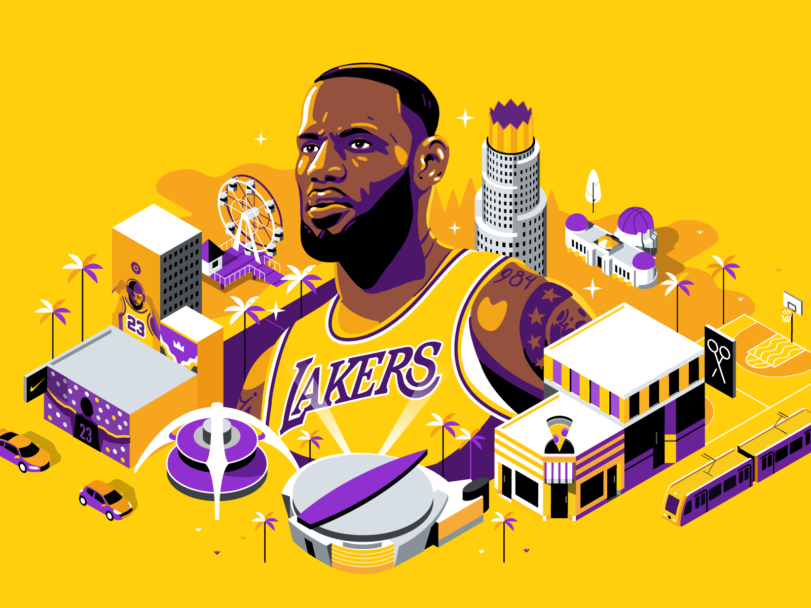ESPN: Bron Bron Land Banner basketball color down the street down the street designs dts espn illustration isometric lebron lebron james portrait purple yellow