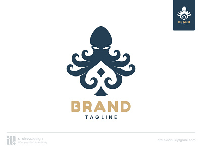 Octopus Spade Poker Logo animal logo branding branding logo casino logo exclusive logo logo design logo for sale logodesign logos octopus logo poker logo ready made logo spade logo