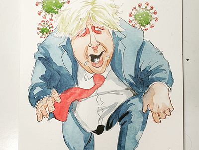 Boris Johnson and the Pandemic caricature illustration pen and ink political cartoon watercolor watercolour