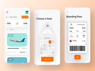 Flight Ticket Booking App air ticket airport app app design boarding boardingpass clean concept ios app minimalist mobile mobile app plane plane ticket ui ux