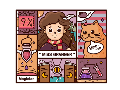 Hermione animal book cat feather girl harrypotter illustration magic magician station time tree