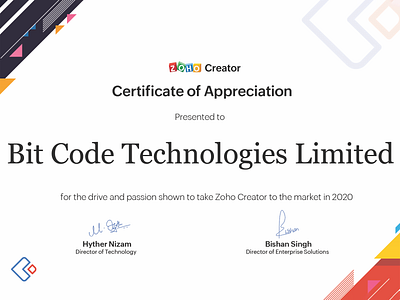 Zoho Creator Certificate of Apperciation achievement zoho achievement zoho creator zoho crm zoho partner