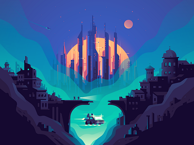 Ruins color cyberpunk evening future illustration landscape sunset vector