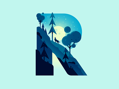 R 36daysoftype color illustration letter moon nature night type waterfall wolf