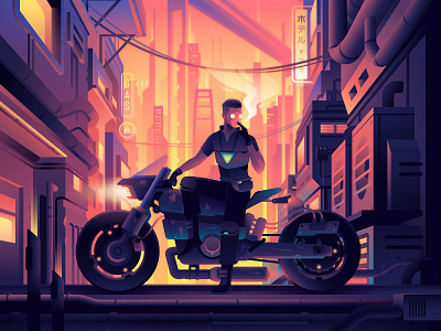 Between the Walls bike city color cyberpunk dysopia future illustration motorbike motorcycle nft sci-fi sunset