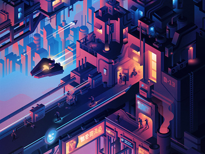 The High Level color cyberpunk dystopia future illustration isometric isometry nft vector