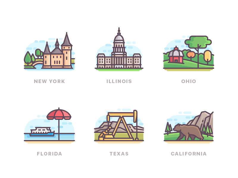 US states line buildings nature travel color icons