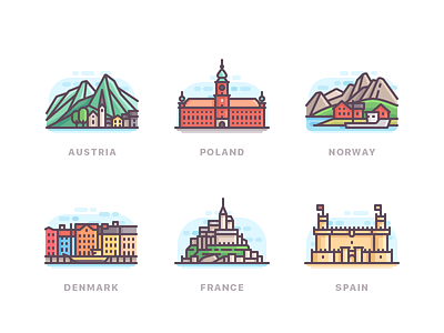 Some countries of Europe buildings city color icons line nature travel
