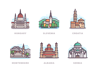 Some countries of Europe buildings city color icons line nature travel