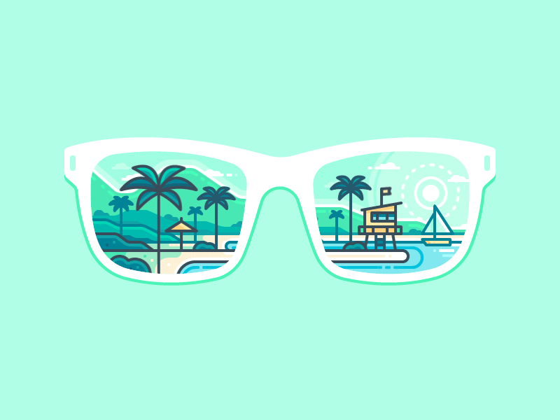 Beach View animation color glasses illustration lifeguard tower line palm tree panorama sea sun
