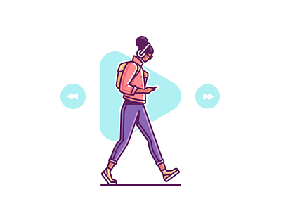 Girl Walking audio character color headphones illustration line music player