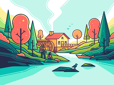 Watermill adventure autumn character color forest house illustration landscape line nature smoke travel