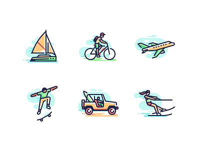 Summer is coming bicycle boat character color icons illustration line plane skateboarding suv travel water skiing