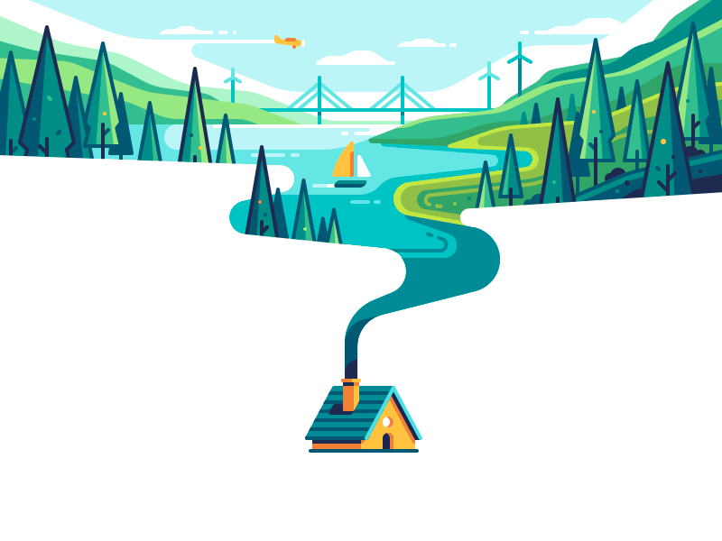 Smoke summer trees water house travel nature panorama landscape shape color illustration