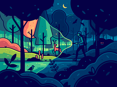 Magic Forest character color deer fantasy flashlight illustration light moon night travel trees