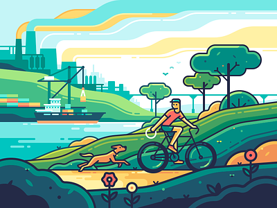 Ecology bicycle character color dog factory illustration landscape nature sea ship sky travel