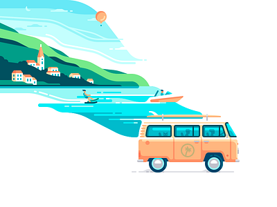 Bye Bye Summer bay car color illustration nature sea shape surfing travel trip water skiing