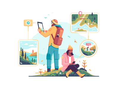 Hiking autumn character color exploration illustration interface map nature navigation people photo travel ui