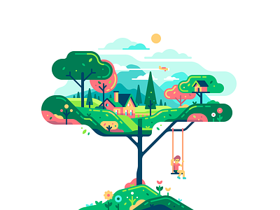 Tree boy character child childhood color illustration shape swing village