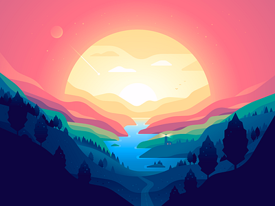 Sphere bay color illustration landscape lighthouse mountains nature shape sun sunset