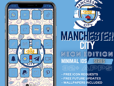 Manchester City iOS 14 32+ iPhone App Icon Pack Design Style app branding football club home screen icon illustration ios ios 14 ios app ios app design ios apps ios14 ios14homescreen ios14icons ipad iphone manchester manchester city