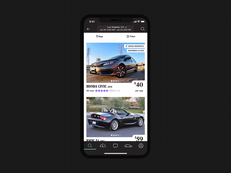 Turo search filters and map