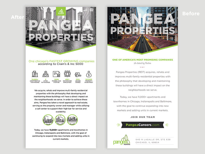Flyer Refresh and Redesign before and after chicago illustration job fair pangea pangea properties pangea real estate print real estate redesign work
