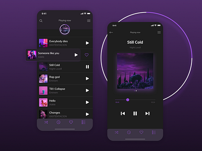 Music App adele app apple balkan brand design dark darktheme design eminem modern design music music app navigation neon pause play playing purple ui xxxtentacion