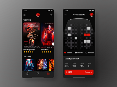 Cinema app app apple balkan black cinema cinema4d croatia design gradient montenegro movie navigation payment radesign rating red seats serbian designer ticket ui