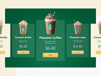 Starbucks Ordering Carousel brown caramel cards coffee cold cup espresso flawor frappuccino gradient green hot ice milk order price starbucks tea water