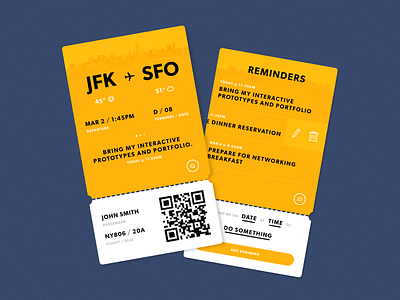 Boarding Pass with Reminders boarding pass card flight pass reminder swipe ticket travel ui weather yellow