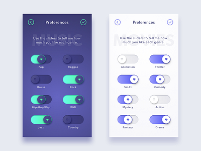 Tell Me What You Like: A Preference Rating UI Concept concept design interaction interface ios movies music purple settings slider ui