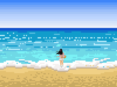 The Girl and Blue Waves beach blue digital art digital illustration girl girl at beach illustration nature nature art ocean pixel pixel art sea wallpaper waves