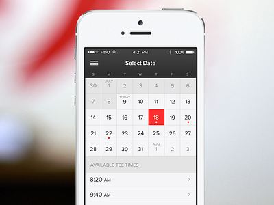 Tee Time Picker calendar date flat golf iphone mobile month tee time ui week