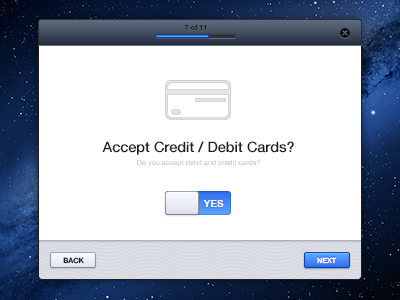 Modal Window back buttons close credit card icon modal next progress bar space switch toggle yes