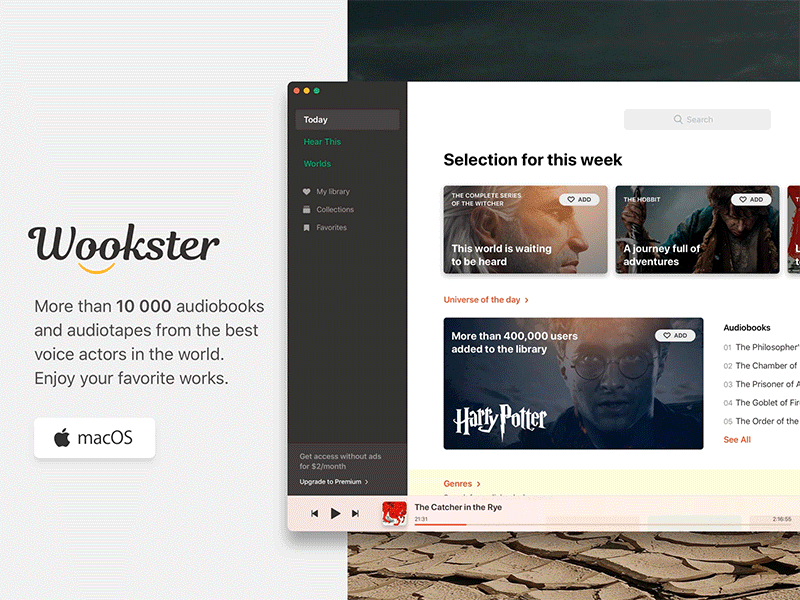 Wookster. Design for macOS client animation app audio audioapp audiobooks books design desktop interaction interface macos os ui ux