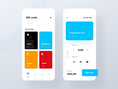 Buy gift card from Phone - IOS app add to cart amazon gift card app design buy card component card ui card view design gift card gift card app google play gift card ios app itunes gift cards logo mobile netflix gift card search sell