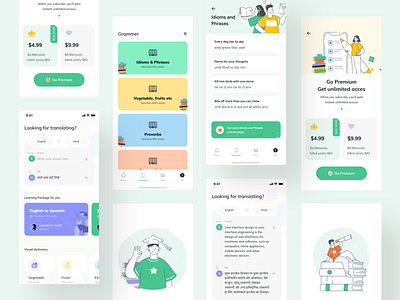 Language Learning App Screens components course app dictionary dictionary app education app grammar app illustraion language language app language school learning app learning english learning platform mobile app design offline dictionary onboarding screens online school premium screen translation trendy design