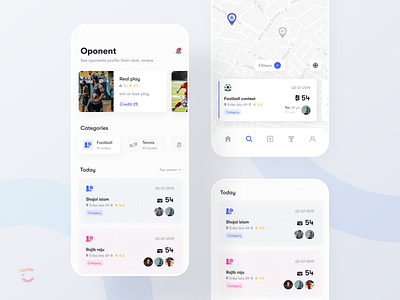 Contest App UI - IOS app app design card ui color competition app concept dare app design football app icon design illustration map screen mobile navigation bar navigation menu participate app rating search screen sports sports app