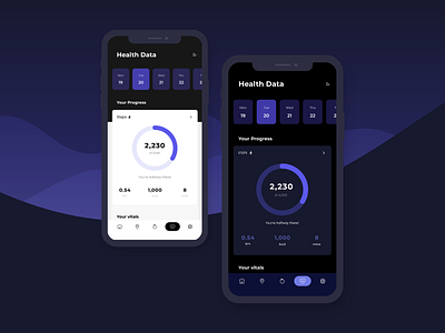 Health Data App - Day/Night Mode app design cards daily progress night mode steps data ui ux