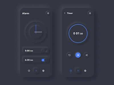 Alarm app UI concept - Neumorhism alarm app app dark theme design neumorphic neumorphism ui uidesign